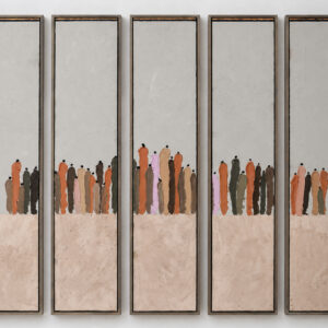 Together, Apart — polyptych of five abstract acrylic paintings by Raluca Luchian, 150 × 30 cm each, small figures above a sand-coloured base
