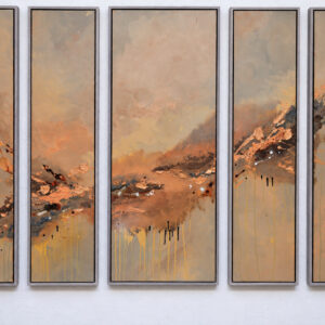 Velia — polyptych of five abstract acrylic paintings on canvas by Raluca Luchian, 130 cm high, in copper and ochre tones