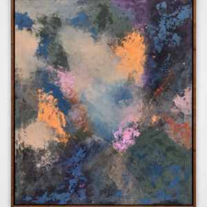 Avero — abstract acrylic painting on canvas by Raluca Luchian, 140 × 120 cm, blue, lilac and orange tones, cedar frame