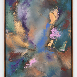 Ovra — abstract acrylic painting on canvas by Raluca Luchian, 130 × 100 cm, teal, lilac and ochre tones, cedar frame