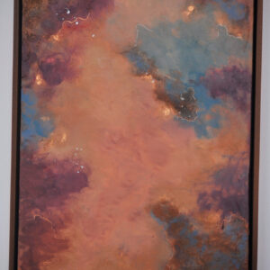 Nebis — abstract acrylic painting on canvas by Raluca Luchian, 90 × 60 cm, peach, plum and blue tones, framed