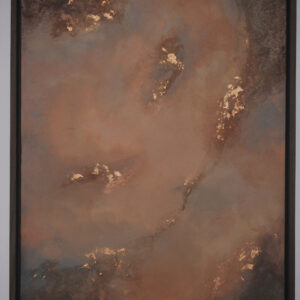 Neris — abstract acrylic painting on canvas by Raluca Luchian, 90 × 60 cm, warm ochre and dusty blue tones with gold flecks, framed