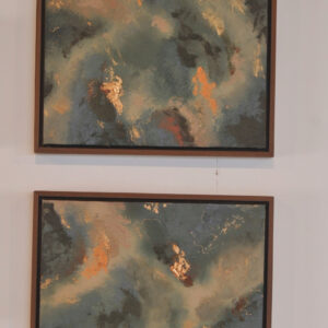 Rivo I & II — diptych of two abstract acrylic paintings by Raluca Luchian, 60 × 60 cm each, in teal, grey and copper tones