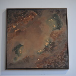 Zoria — abstract acrylic painting on canvas by Raluca Luchian, 100 × 100 cm, umber and rust with touches of green and gold, framed