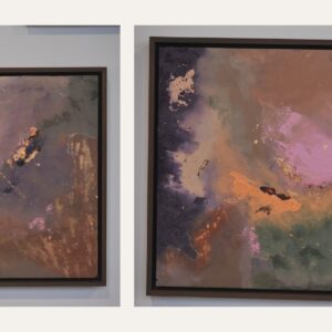 Kiro I–IV — series of four abstract acrylic paintings by Raluca Luchian, 60 × 60 cm each, in lilac, green and orange tones
