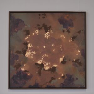 Zeroa — abstract acrylic painting on canvas by Raluca Luchian, 100 × 100 cm, copper and violet tones with gold leaf, framed